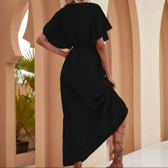 Boho black butterfly sleeve V neck A line maxi dress - Picture 3 of 6